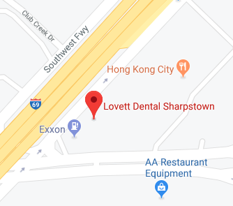 Map showing the location of Lovett Dental in Sharpstown, TX